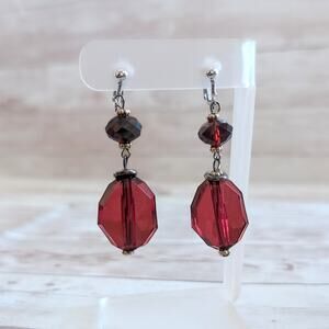 Vintage Clip On Earrings Deep Red Dangle Earrings